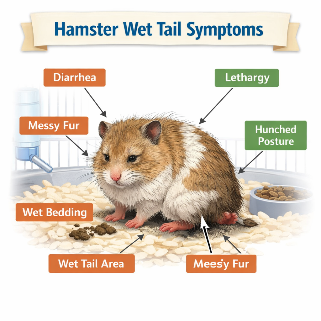 Hamster wet tail symptoms including diarrhea, wet tail area, and lethargy.