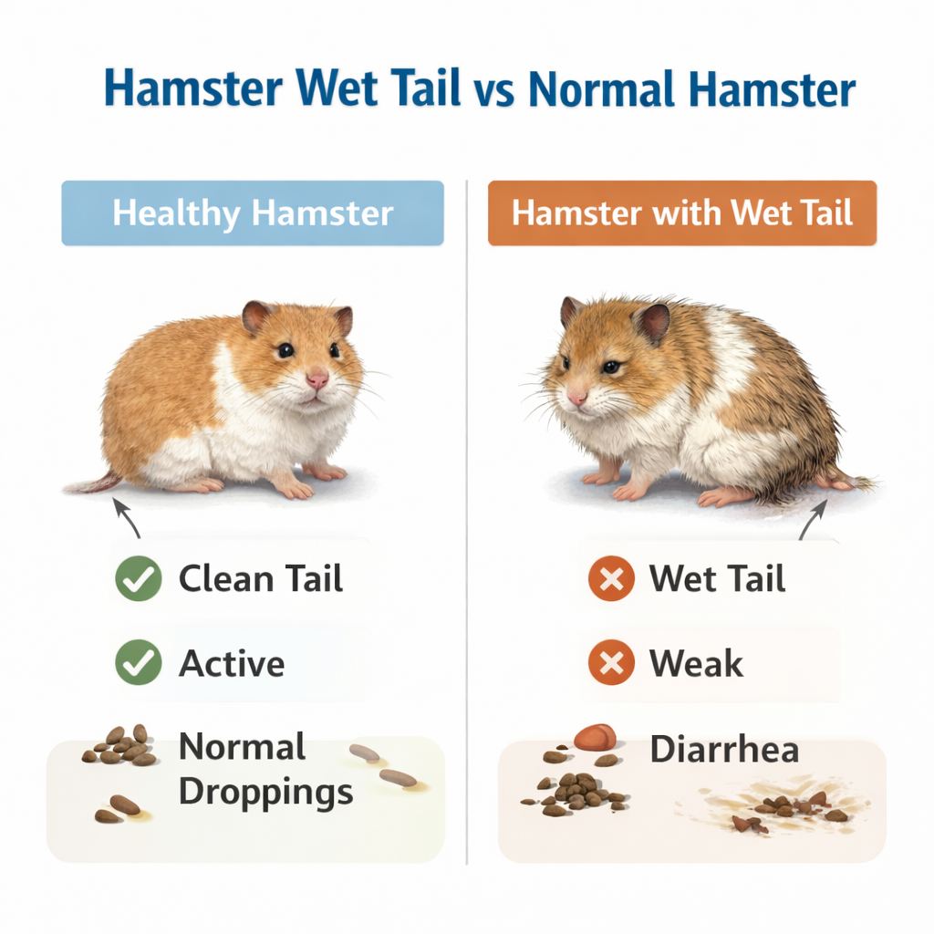 Comparison showing healthy hamster vs hamster with wet tail disease.